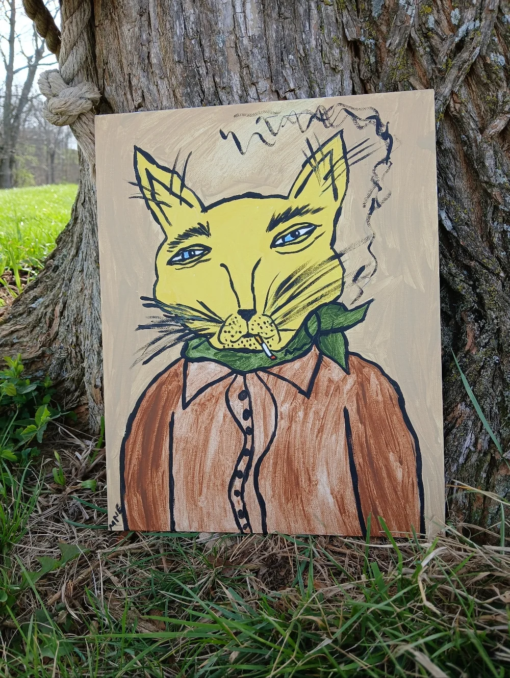 Smoking Cat Painting Folk Art - Picture 4 of 10